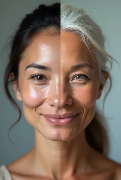 A split screen. A younger looking person on the left side and on the left side, the same person looking older but still very healthy 