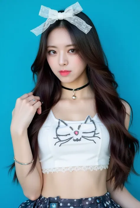 32k, Masterpiece, Top Quality, (Korea's Beautiful Women) Close-up,  eye-level, long wavy dark brown hair, white lace bow,  white crop top, (underboob: 1.2), cat print, dark skirt, space print,  black detailing,  bright blue background, playful, youthful, w...