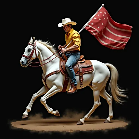 super realistic,  man riding sideways on a horse , on a horse,  looking at the camera ,  holding a large United States flag ,  wearing denim shorts and yellow striped shirt, used an all-star , realistic, hiper realistic, wearing white cowboy hat , cavalo r...