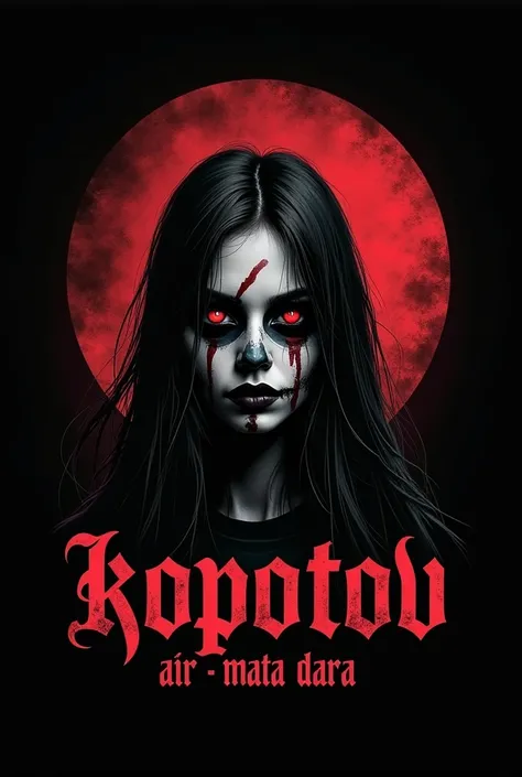 Create logo wrote THE KOPOTOV with girl long hair   zombi faces paint .black background font colour red gothic font black metal style  below  women with   paint head only small font wrote air Mata Dara