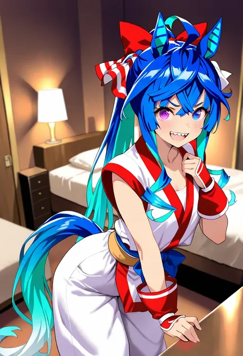 masterpiece,Highest quality,High resolution,Super detailed, solo, 1girl, Twin Turbo, Umamusume, aqua hair, long hair, heterochromia, purple eyes, blue eyes, sharp teeth, "nakoruru" costume,  pants, hotel room, 