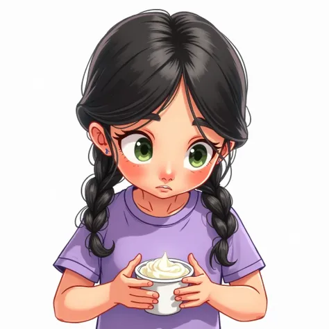 to do, Pixar Watercolor style  ,  Young  girl  , long black hair tied with a braid  , yeux verts, tee shirt violet col rond,   elle est concentré à enlever la protection d'un yogourt en plastique blanc, avec ses mains , white background , image haute quali...