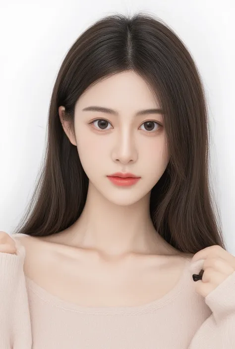 , a woman with dark brown hair, big, pretty eyes, raised nose (Teeth are not visible)  slightly thick lips, clear and innocent feeling, realistic image portrait that makes you feel like a real person(Feminine and pretty straight shoulder ,  feminine clothe...