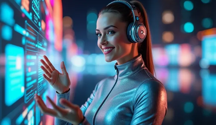 A hyper-realistic portrait of a cheerful 20s-aged woman with a sleek ponytail, wearing a futuristic metallic silver bodysuit and cybernetic headphones. She interacts dynamically with glowing holographic interfaces, her hands gesturing mid-air to manipulate...