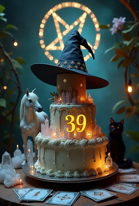 Birthday cake adorned with a black witch's hat, a beautiful white horse ,  a witch's broom ,  a pentagram , quartz, a black cat, tarot cards, Pendulum and the number 39 years old