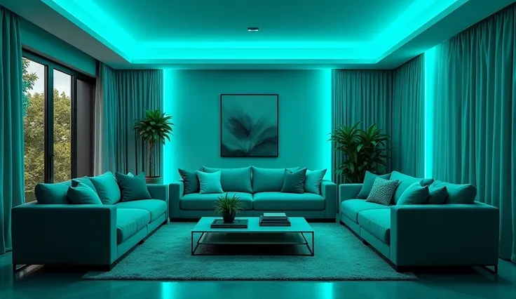 Teal-themed living room, furniture and accents in ocean teal, complemented by cyan LED lighting for vibrance, hyper-realistic 8K capture.
