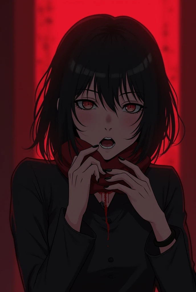 girl who strangles a guy, keeps his hand on his neck. 
 red tint .
anime.
4K. dark colors. 
 high resolution. 
 open mouth .
Rendering.
anime.