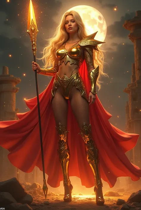 - Photorealistic with perfect details, cinematic mode, masterpiece, HD, CGI sexy style.

- Beautiful "Portuguese" woman, Golden eyes, smooth skin, long Golden hair, expressive.
(The "Saint" Logo image lights up)

- Wearing a costume ("sexy armor-full armor...