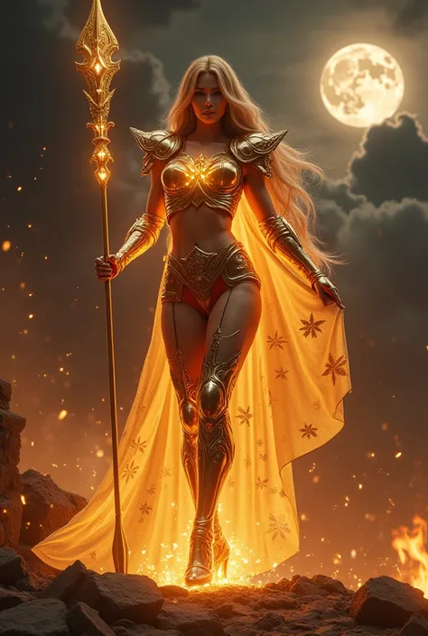 - Photorealistic with perfect details, cinematic mode, masterpiece, HD, CGI sexy style.

- Beautiful "Portuguese" woman, Golden eyes, smooth skin, long Golden hair, expressive.
(The "Saint" Logo image lights up)

- Wearing a costume ("sexy armor-full armor...