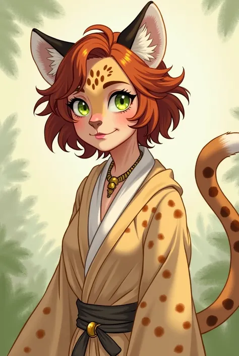 Create an illustration of a female character with feline features. She has short, curly auburn hair instead of white, and her fur pattern is more characteristic of a cheetah, with lighter spots. The character has bright green eyes and wears a simple, flowi...