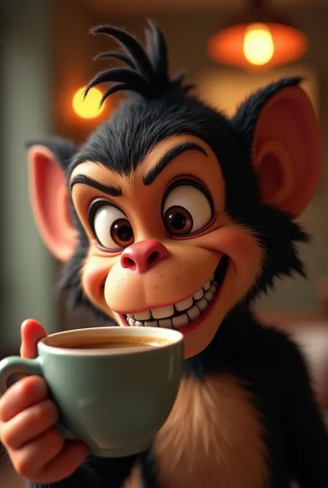  Give me a Disney character with dark or brown skin,   a close up photo drinking coffee  ,   smiling, monkey or fierce   