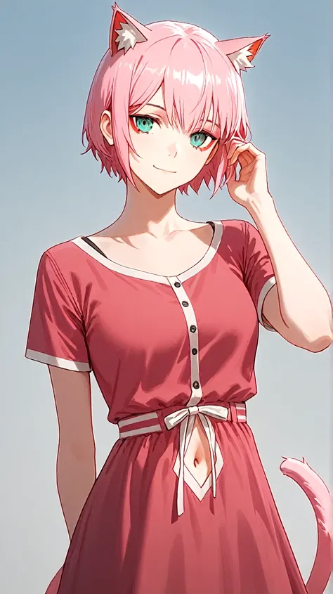 Waifus Zero two,  with cat's ears and tail, HD model,  short hair,  with casual clothes, Let your navel be seen 