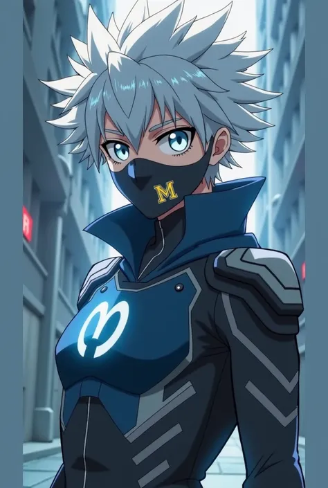 Captura de pantalla de my Hero Academia anime. Killua Zoldyck de Hunter X Hunter. light skin.  Bristled white hair brushed backwards .  platinum white eyes . mouth mask de alta tecnologica compuesto de bocinas de sonido y una pantalla led en centro de la m...