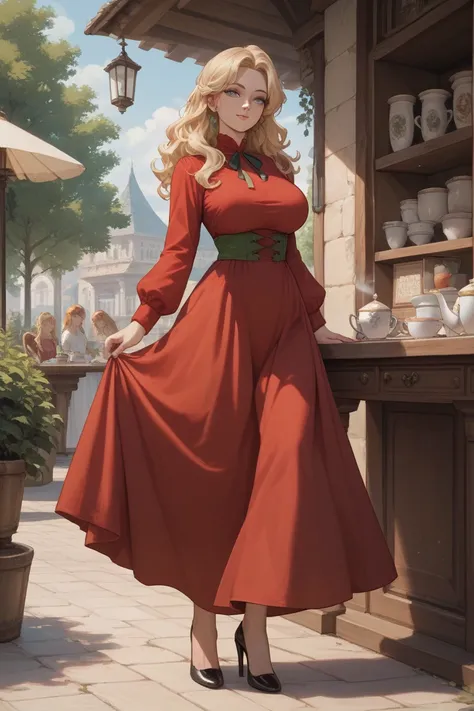 (1 woman), looks 22 years old, long wavy ash blonde hair, gray eyes, large breasts and prominent hips.
Red dress with long sleeves and 57 cm long skirt, black high heels, green ribbon on her belly.
Stop while having a cup of tea.