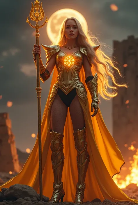 - Photorealistic with perfect details, cinematic mode, masterpiece, HD, CGI sexy style.

- Beautiful "Portuguese" woman, Golden eyes, smooth skin, long Golden hair, expressive.
(The "Saint" Logo image lights up)

- Wearing a costume ("sexy armor-full armor...