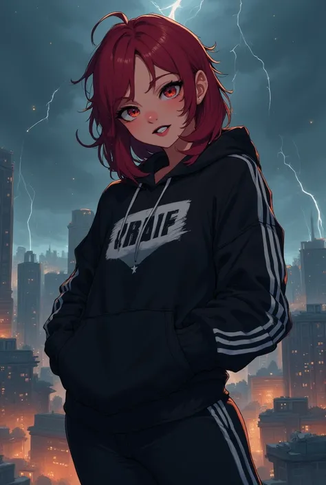 A 25-year-old latina, scarlet eyes, red wine hair to shoulders, full black hoodie and sport pants, teasing smile, standing at the top of a building, thunderstorm background, black lipstick, hands in hoodie, messy hair, detailed black lipstick.