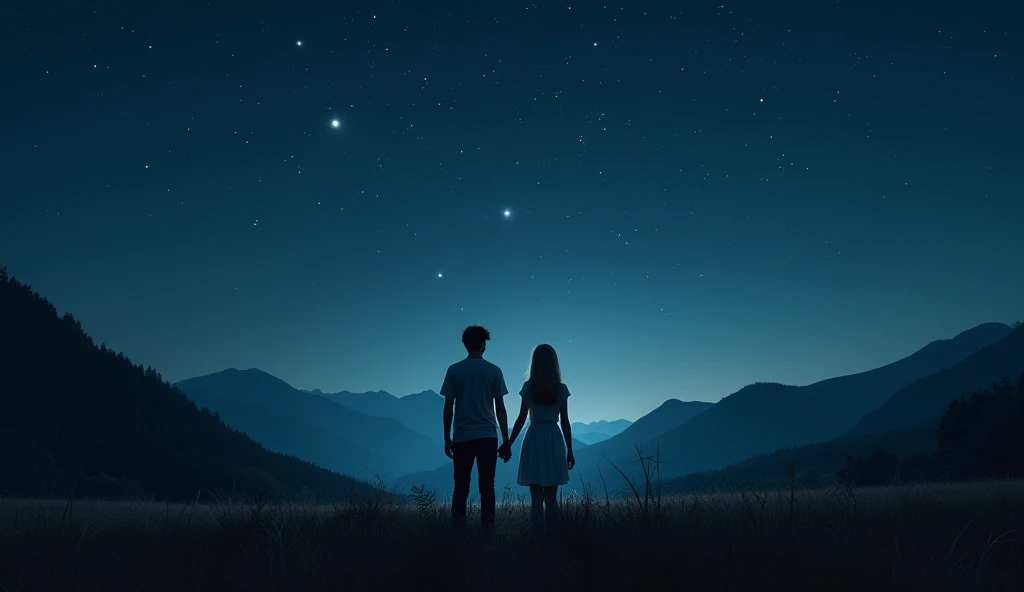 18 years old boy in glasses and blonde girl in light white dress holding each other's hands, 18 years old, adult, night, field, meteor shower, black night, meteor shower, realistic, night sky, mountains, from back, a lot of falling stars