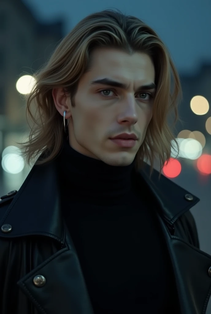  A realistic male vampire character aged 26 years, more delicate face , white skin , long wavy hair sand-tone dark blonde . dark blue eyes . Leather overcoat and a black turtleneck coat  .With small silver hoop earrings .Night city sky background .