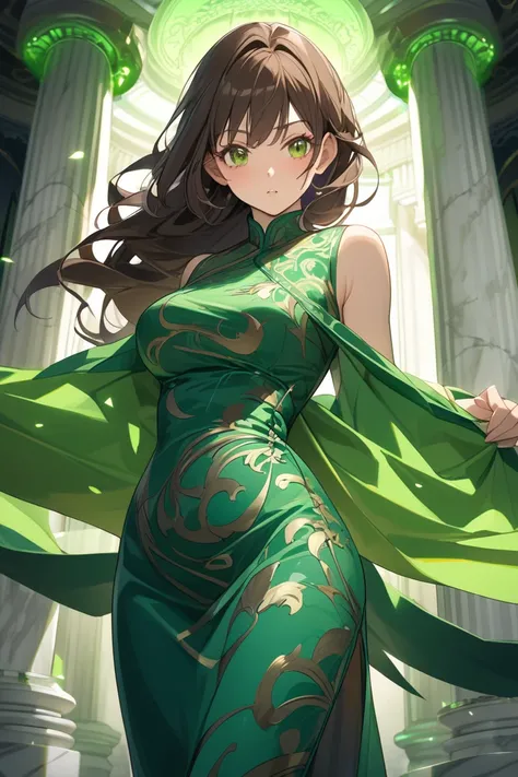 A mature human woman with brown hair, Green qipao that sticks perfectly to the body, small eyes,  ferocious impression, beauty, Large hall with marble columns with green lights in the background