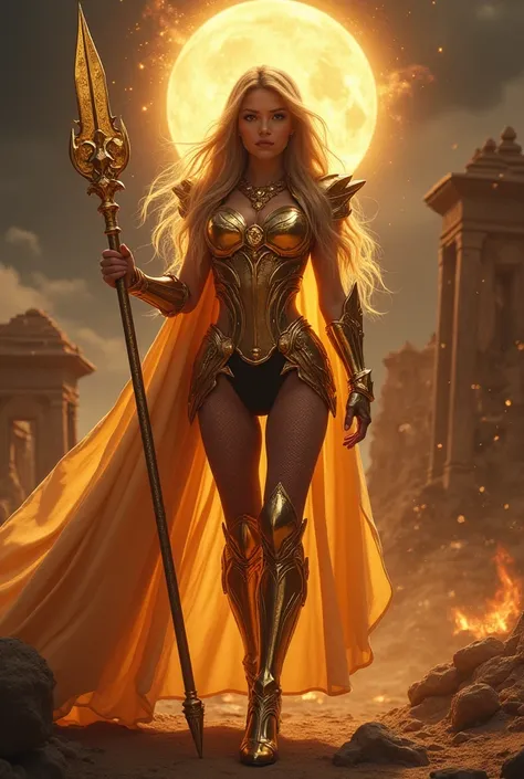 - Photorealistic with perfect details, cinematic mode, masterpiece, HD, CGI sexy style.

- Beautiful "Portuguese" woman, Golden eyes, smooth skin, long Golden hair, expressive.
(The "Saint" Logo image lights up)

- Wearing a costume ("sexy armor-full armor...