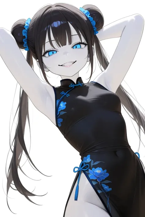 (Best Quality, Background Detail), Best Quality, Original Detail Dynamic Art, Anatomically Correct, Blue Eyes, Image from Waist, Aside, One Girl, Provocative Gaze, Evil Smile, (White Skin), Twin Tails in a Bun, Dark Hair, (Black Chinese Dress), (Shading), ...