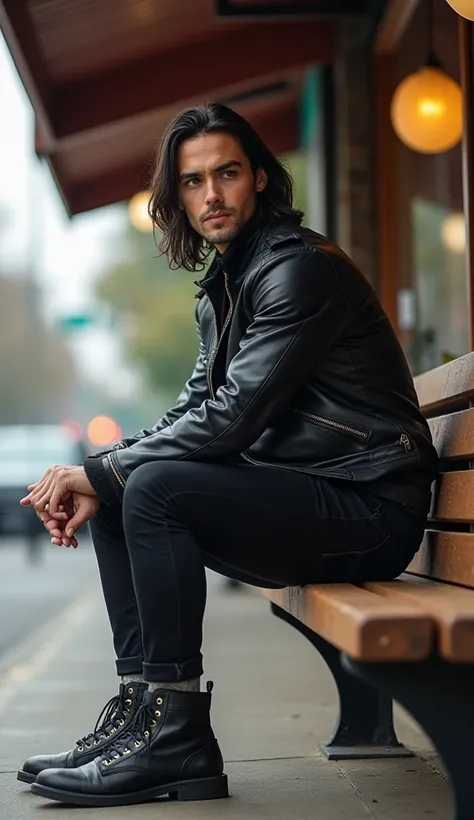 Young man with long black hair ,leather jacket ,tight jeans , jungle leather shoes , sitting on a coffee shop bench on the sidewalk of the highway