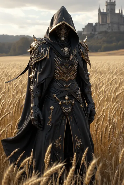 Dark fantasy hooded assassin in gold and black standing in a field of wheat looking at a castle