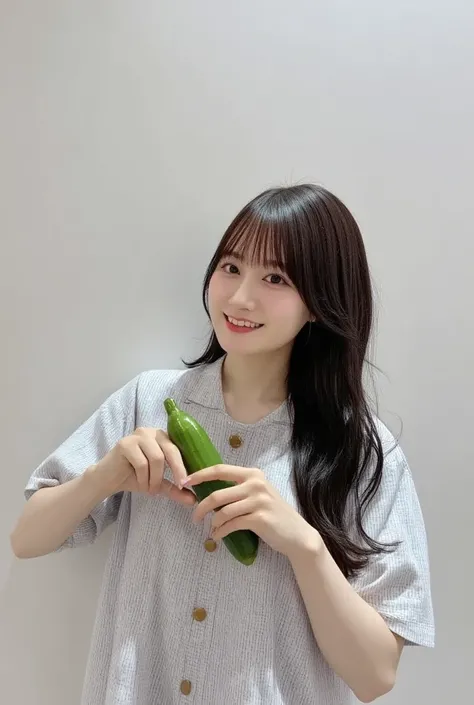 ( masterpiece,   High Quality ,  high resolution,   realistic photo ,   photoshoot),  Beautiful girl holding a cucumber, 23 to 28 years old  ,   Yan Photo ,  The bright-eyed  ,   long wavy hair fluttering on her shoulders ,   beautiful breasts ,   with eac...