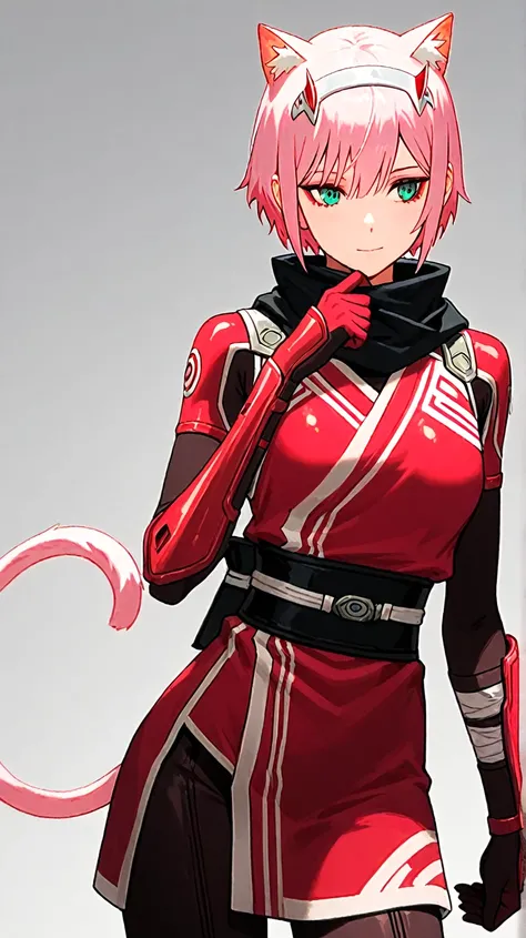 Waifus Zero two,  with cat's ears and tail, HD model,  short hair, wearing ninja clothing 