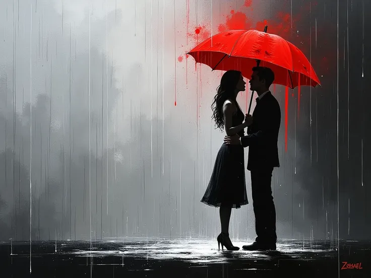 Abstract painting, Silhouette of a man holding a red umbrella for a woman in the rain, chivalry, protection, connection, romance, contrast, Black and White Sketch with Red Accent, fine lines, rainy evening, 2. 8 aperture, Contemporary Art. (At the bottom o...