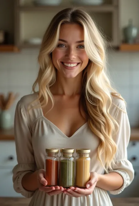 Photorealistic image of a young woman with long blonde hair, smiling. She is dressed in a dress, holding spice jars in her hands. The background is blurred, light-colored, and depicts a kitchen. The image has a soft, dreamy quality, with cinematic lighting...