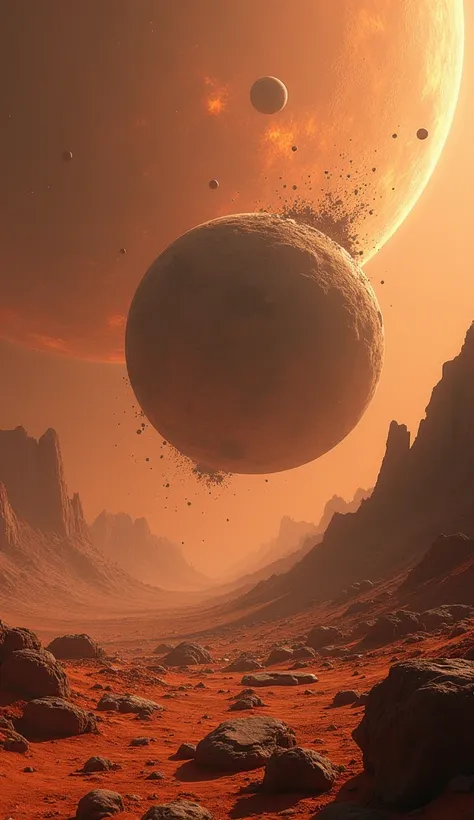 In fact, it’s so close that it’s slowly spiraling inward and might crash into Mars or break apart in about 50 million years. A futuristic scene showing Phobos spiraling toward Mars, with fragments breaking off as it nears the planet’s surface.