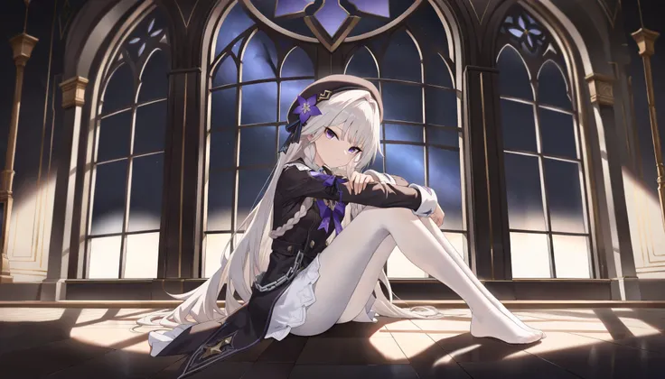 (best quality:1.3), (masterpiece:1.3), (illustration:1.3), (ultra-detailed:1.3), absurdres, 1girl, (herta_\(Honkai:_star_rail\):0.7), small_breasts, purple_eyes, (white hair:1.2), hair_ornaments, long_hair, black_coat, double_breasted, purple_bowtie, long_...