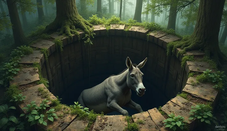 An old donkey fell into a dry well in the forest