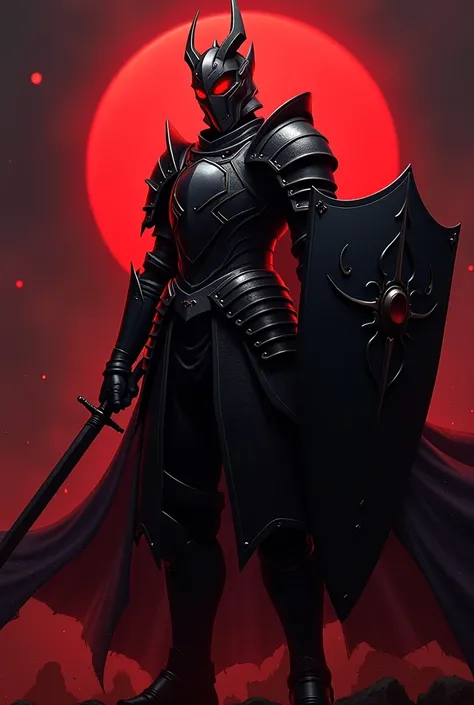  Japanese anime style, Fate style,  overall design ,  medieval times , Adversary,  Black Full Plate Armor,  Angled Feeling ,  Red Eye Light Over the Helmet ,  Black Sword and Medium Shield , Dark Red Full Body Spark, Death Battlefield Background, Blood Vad...