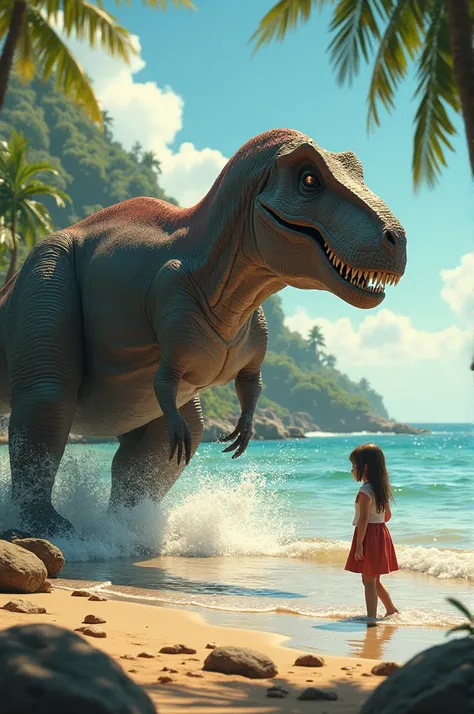 Image of an island with a trex in the background playing in the sea and facing a girl turning to the right