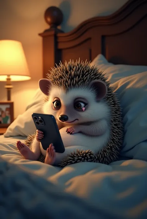 Hedgehog lying in bed crying while looking at her phone