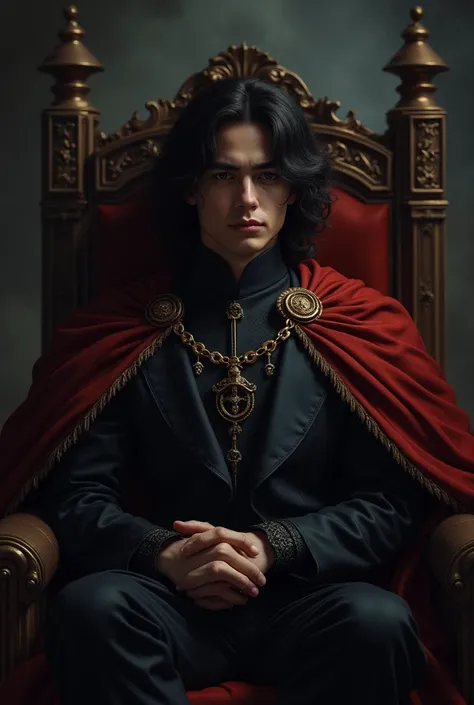 a young and attractive king, with semi-long hair resting on his throne and with a shadow covering his face, dark historical art