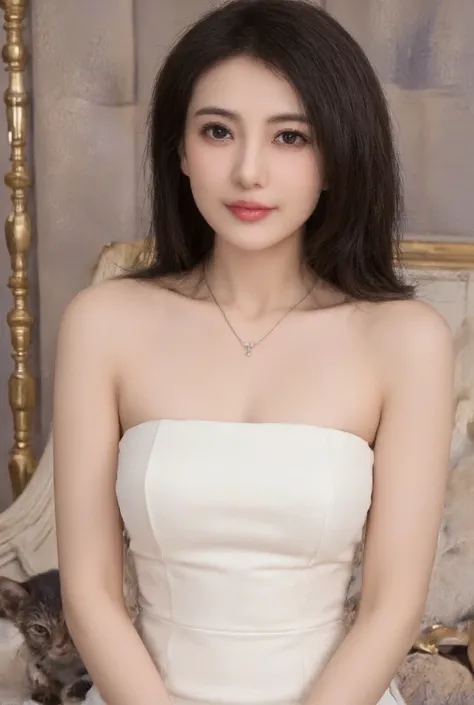  full body photo ， long black hair ， smooth hair， exquisite and perfect facial features ， the most beautiful big eyes ， long eyelashes ， sweet eyes and silkworms ， standing with a smile in a luxurious bedroom ， smooth strapless ，short bandeau hip dress，wit...