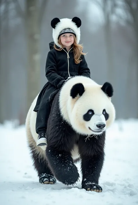 
 A  girl is dressed as a panda: "A  girl is wearing a black and white dress ,  riding a real panda ,  and dressed like a panda, . สิ่ง surreal scene takes place on สิ่ง snowy landscape. While walking ,  behind it is snow white. Smile . สิ่ง background is ...