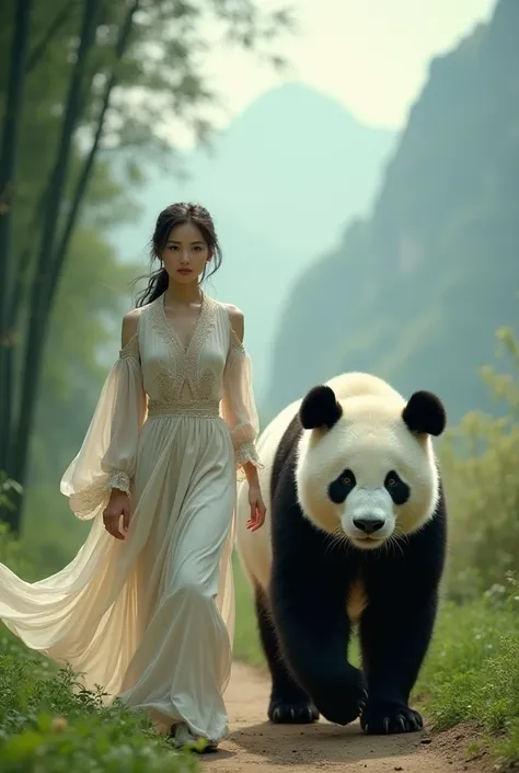 Woman walks with panda facing camera