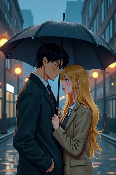 Make anime-style a man standing in front of him holding an umbrella for a blonde girl standing next to him