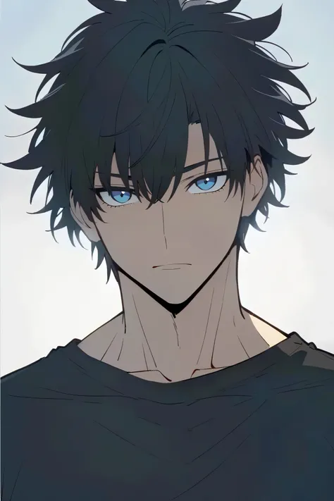 Handsome, solo, male, tall, muscular, short hair, black hair, blue eyes, black t-shirt, looking at viewer, facing viewer, simple background, white background
