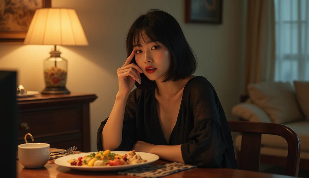 A pretty Korean girl is listening to the radio at the dinner living room table, and the woman stands one finger on the tip of her nose.,Bob Cut Hair ,My chest is firm , clean skin, beautiful eyes ,Smart nose, sexy body, Unforgettable Expression , mature wo...