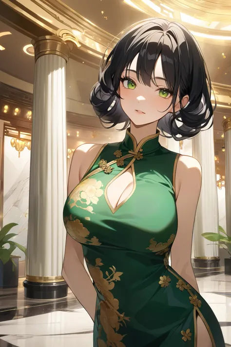 Human female , green China dress, Highlight breasts with wrinkles on clothes,  black hair, Pooka hair,  Dress design with buttons and gold decorations, Large hall with marble columns with green lights in the background