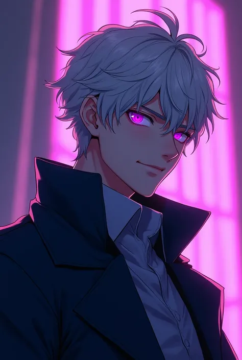  high definition virtual reality anime, Purple eyes,  Motion Lines, Messy hairstyle,  short hair ,  white hair, Gain , muscular , Smiling sadism , Omage , Silhouette, Motion blur, modern, Cool Handsome Men, male student