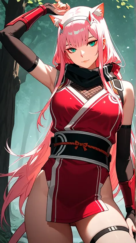 Waifus Zero two,  with cat's ears and tail, HD model,  style long hair, wearing ninja clothing , sexy