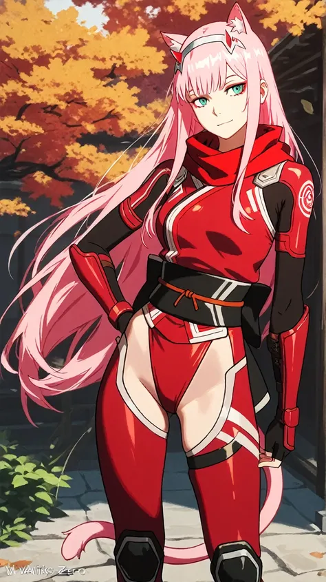 Waifus Zero two,  with cat's ears and tail, HD model,  style long hair, wearing ninja clothing , sexy