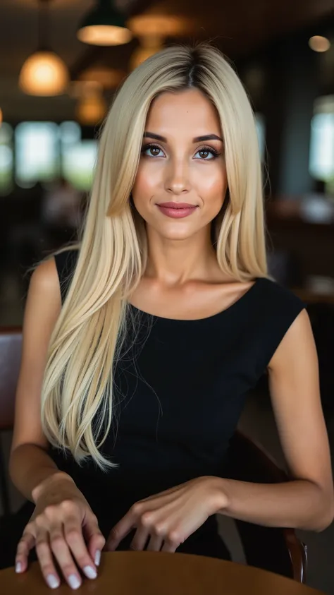 This is a beautiful  closeup photograph of a woman, she has long straight blonde hair and dark blue eyes.  Wearing a form fitting  boatneck dress,  Sitting in a cafe. Flirting at the viewer. Smile, Captured with a Sony A7R IV camera and a 50mm f/1.2 G Mast...