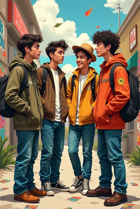 A group of 4  collage boys talking to each other 